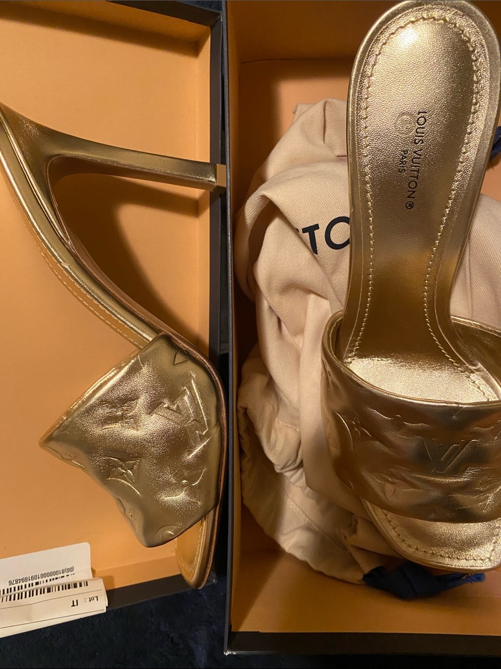 Louis Vuitton Revival Metallic Gold Embossed Slide Pumps Heels sz 41